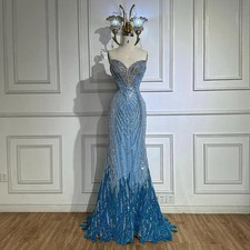 Serene Hill Saudi Arabic Blue Strapless Mermaid Evening Dresses Gowns Beaded