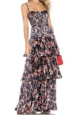 AMUR Londyn Pleated Tiered Maxi Dress Black Floral Print Size 4 Formal Gown Prom