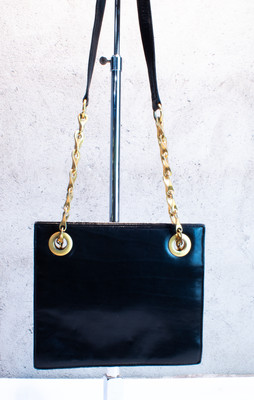 DKNY Black Leather Handbag Shoulder Bag with Chain Handle Gold Tone Hardware