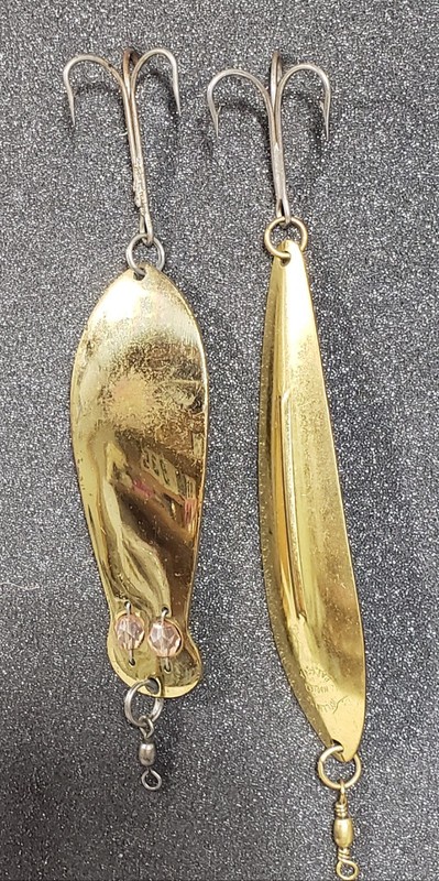 Two Vintage Brass Spoon Fishing Lures, Auth Alaskan Herter's & Williams Wabler