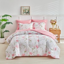 Floral Comforter Set 7 Pieces White with Light Pink Flowers Bed in a Bag Quee...
