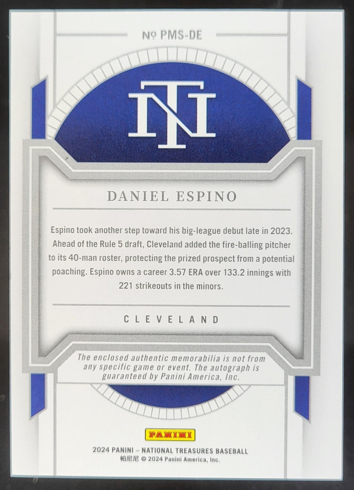 2024 Panini National Treasures Daniel Espino Prospect Material /99 Auto AP6 view 2