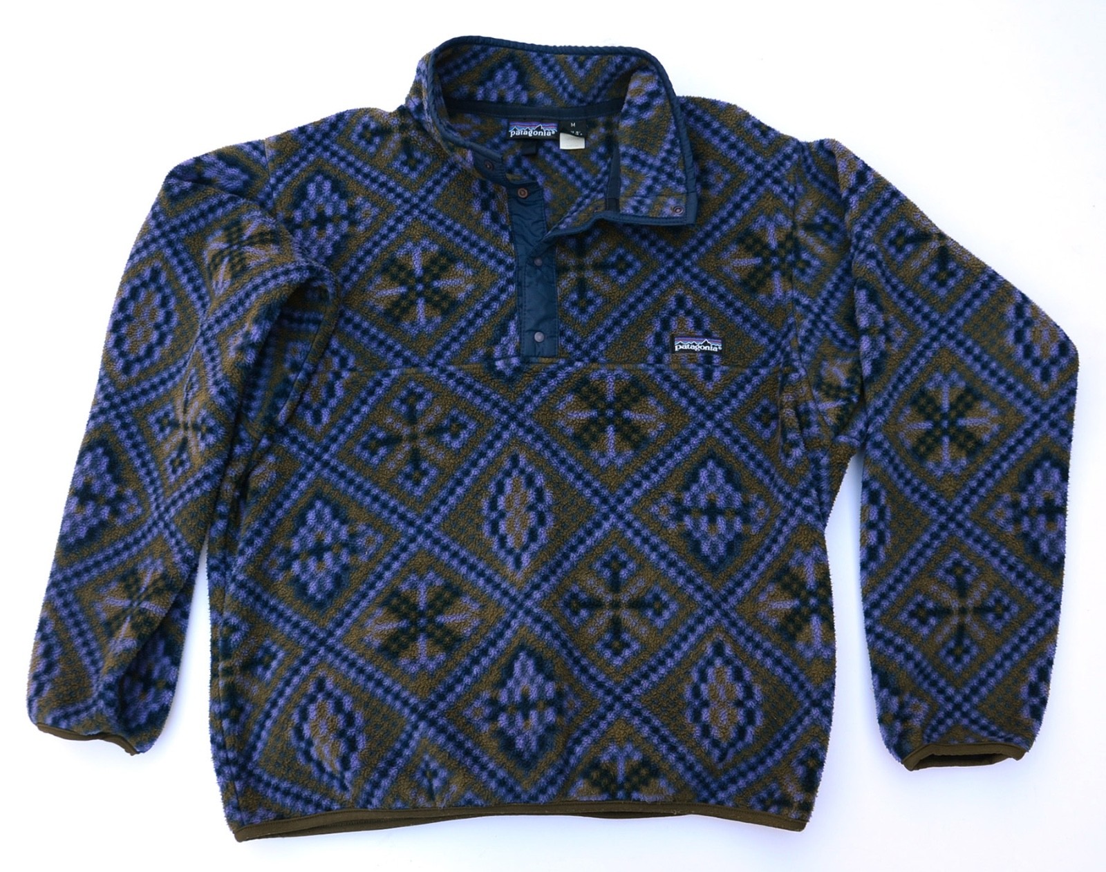 ∞ Vtg PATAGONIA SNAP T Fleece Pullover AZTEC GEOMETRIC Olive/Purple M 1990s ∞