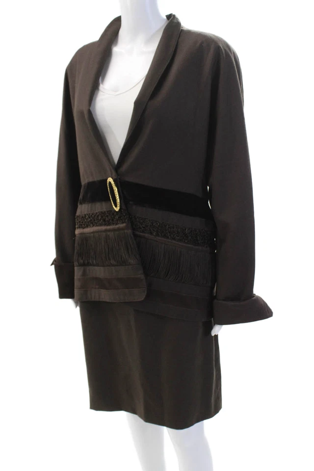 Traje Falda Lina Lee Mujer Mezcla Lana Cuello Alto Cierre a Presión Marrón Talla 48 Foto 4 de 4