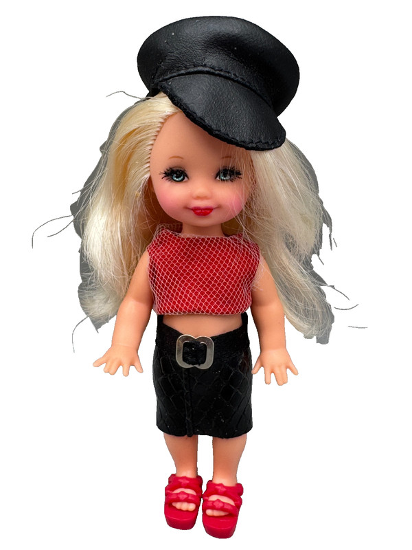 ~DS LOT P DRESSED BARBIE DOLL KELLY IN OOAK HANDMADE RED BLACK SKIRT TOP HAT