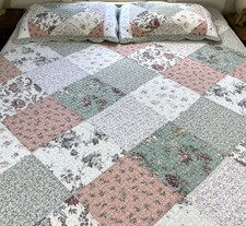 QUEEN Bedspread  Pillowcases SET Patchwork Quilt Style Soft Cotton Cottagecore
