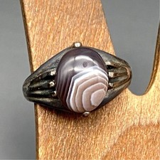Vintage Banded Agate Oval Cabochan Sterling Silver Ring Size 7.5