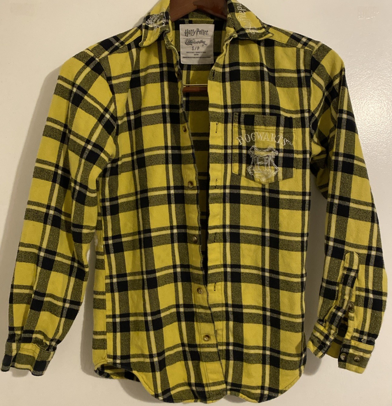 Harry Potter Hufflepuff Button Up Flannel Shirt Womens S Yellow Plaid Cakeworthy