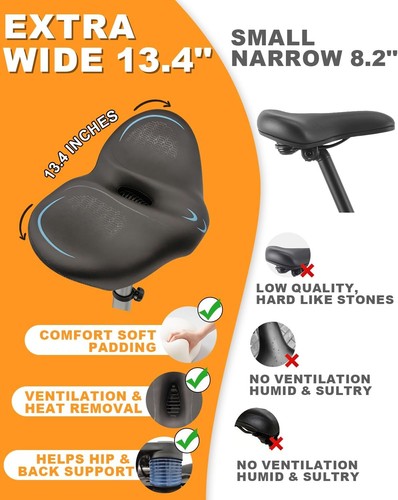 Noseless Oversized Bike Seat for Men Women Comfort, Extra Wide Padded - Picture 5 of 8