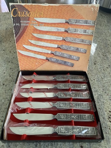 Vtg Crusader Stainless Steel 6pc. Steak Knifes Set Nasco Japan Lions Castles
