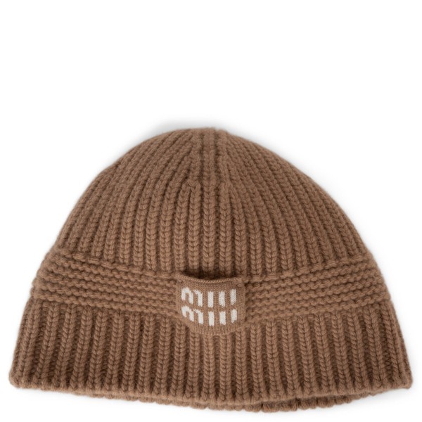 72480 Auth MIU MIU Camel Braun Wolle & Kaschmir 2022 LOGO Beanie Mütze M