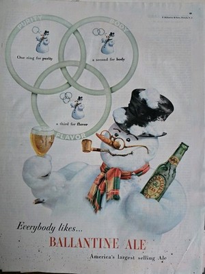 1948  Ballantine's Ale Green beer bottle snowman vintage Original ad