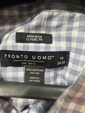 PRONTO UOMO NWOT Blue White Plaid Non-Iron Cotton Slim Fit 19 34-35