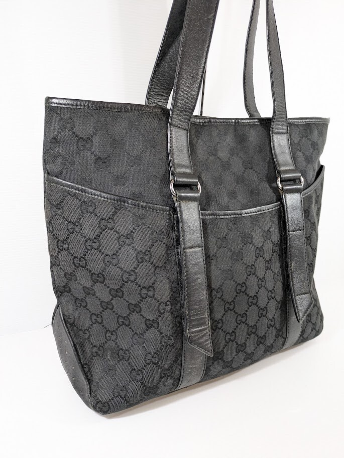 GUCCI バッグ GUCCI Tote Bag Black GG Canvas Leather 145971 200047 | eBay