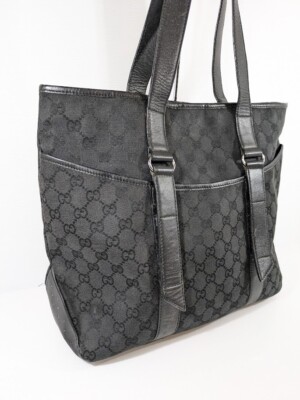 GUCCI Tote Bag Black GG Canvas Leather 145971 200047 | eBay