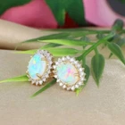 4Ct Oval Lab-Created Fire Opal Diamond Halo Stud Earrings 14K Yellow Gold Plated