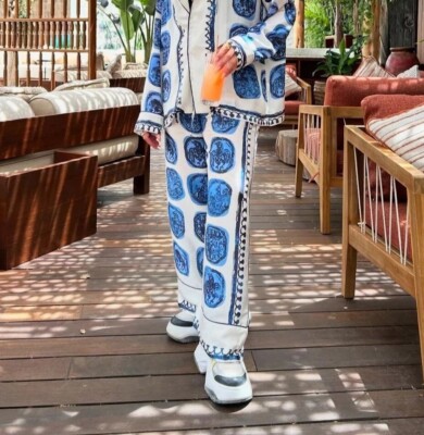 ZARA M SATIN EFFECT PRINTED PANTS HIGH WAIST BLUE / WHITE | 3143/127 NWT