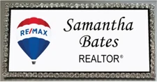 RE/MAX REALTY WHTE BLING CRYSTAL EDGED PERSONALIZED NAME BADGE MAGNET FASTENER