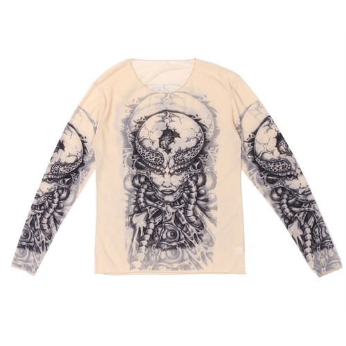 Mens Long Sleeve Mesh See Through T-shirt Fake Tattoo Blouse Shirt Party Fancy - Picture 22 of 56