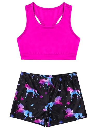 Kids Girls Two Piece Sport Dance Outfits Gymnastic Crop Top Bra with Shorts Set - Picture 43 of 84