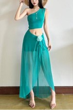 Women's Sexy Asymmetric One-Shoulder Sleeveless Cropped Patchwork Dress 2pcs