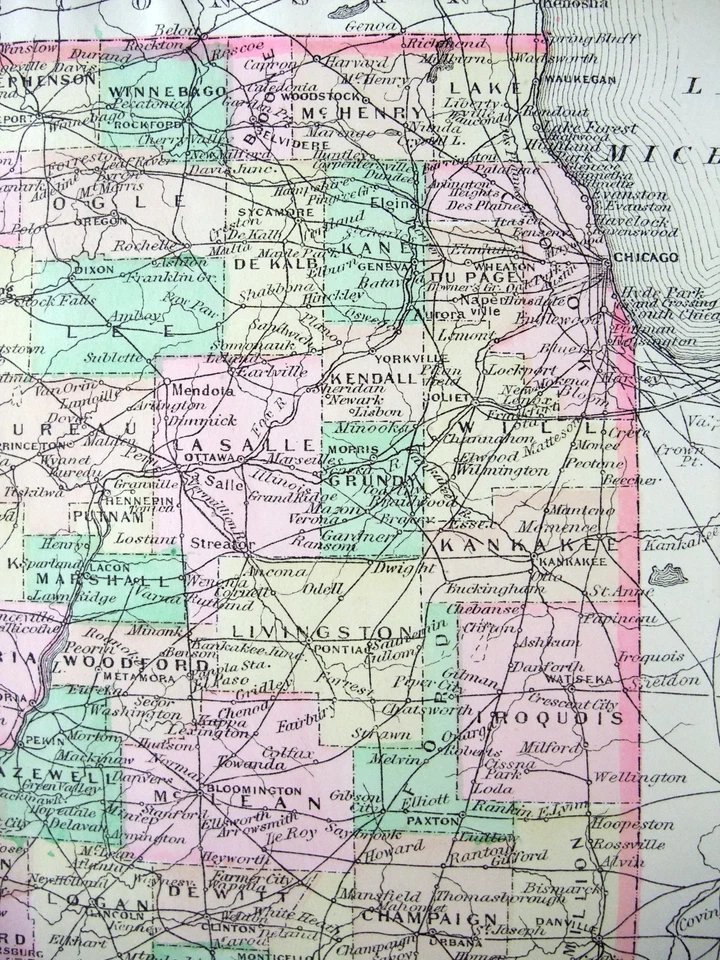 Illinois - Mapa original de placa de cobre de 1895 por A. J. Johnson. Antiguo Foto 2 de 3
