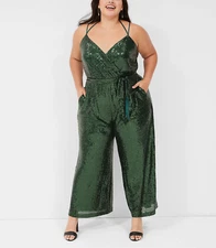 Lane Bryant Women's Green Belted Sleeveless Wide Leg Sequin Jumpsuit Sz 18/20
