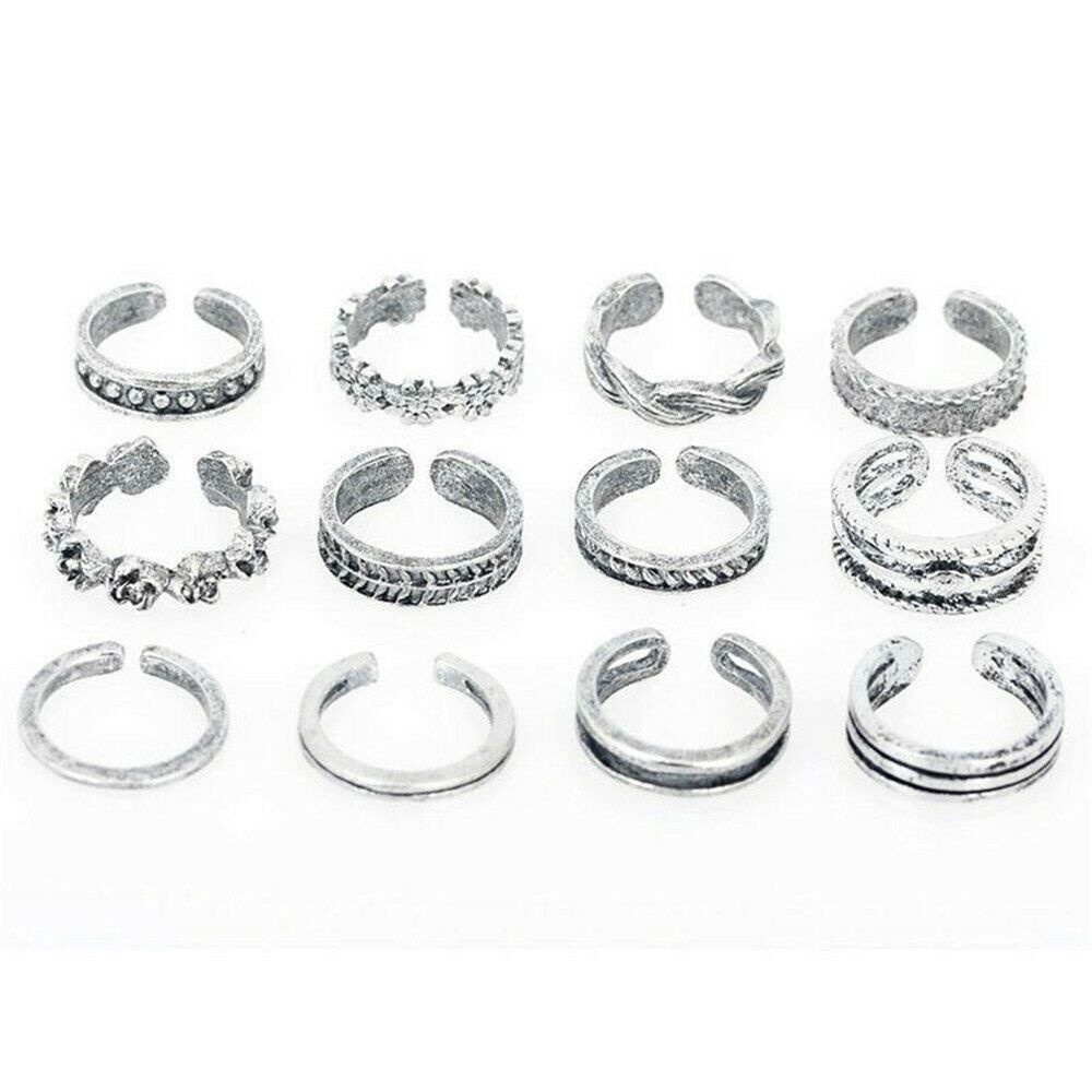 12Pcs/Set Women Opens Alloy Vintage Toe Rings Open Finger Rings Foot