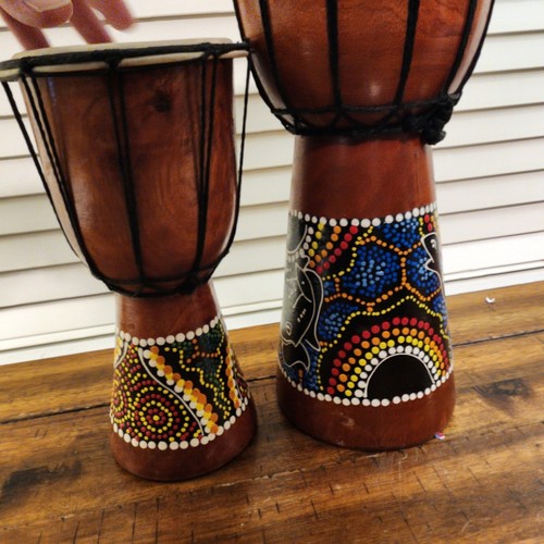 Wood Djembe Hand Crafted Drums Dot Painted 8" Wide Pair Of Wood Drums - Picture 5 of 15