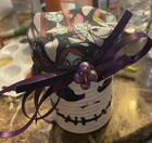 Handmade Hand-Painted Skull Bottle Decor w/ Ribbon Bow & Fabric Topper — photo 1