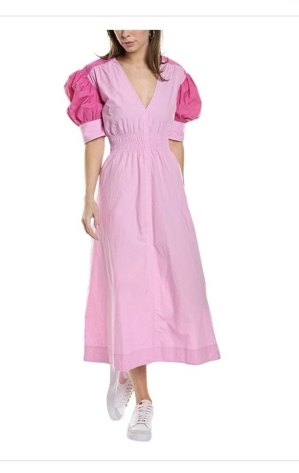 Ganni Smocked Midi Pink Midi Dress with Short Puff Sleeves New without tags