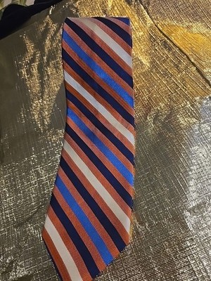 Brooks Brothers 346 Classic Orange Off-White & Blue Stripe Silk Neck Tie
