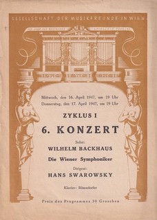 Concert Programme 1947 Vienna Wilhelm Backhaus Hans Swarowsky