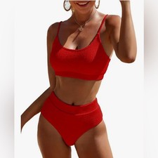 Fanuerg NEW Ribbed High Waisted Bikini Sets Scoop Neck 2Pc Swimsuit Red SMALL