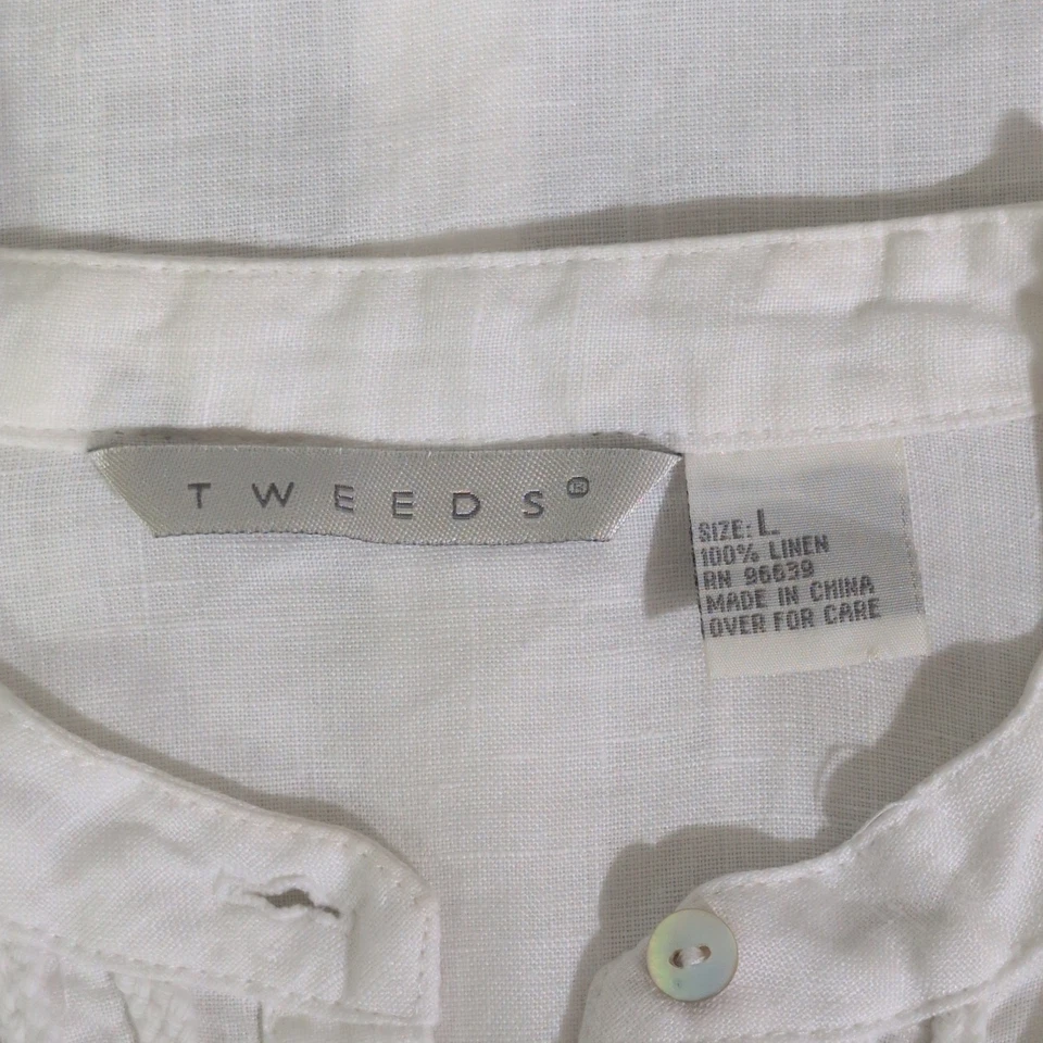 Tweeds 100% Large Linen White Babydoll Blouse Bishop Sleeve Costal Work Western - Image 3 of 4