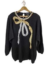 VTG New Work in Progress Black Sweater Womens 22/24 Silk Angora Lambswool Bow