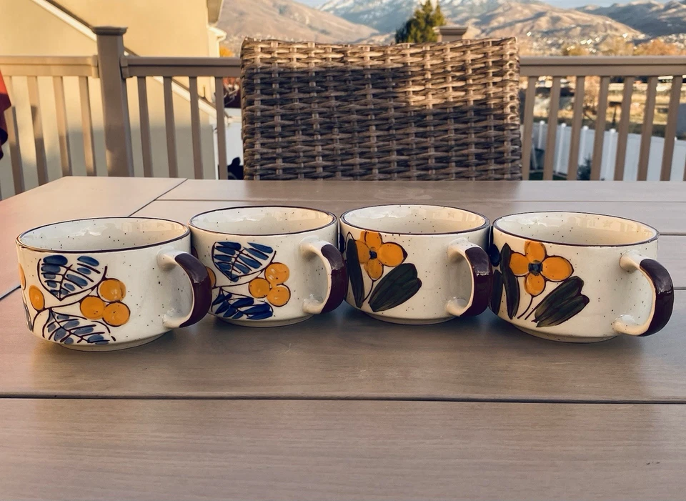 Винтажный набор из 4 японских крапчатых керамических больших цветочных суповых кружек - Изображение 3 из 4