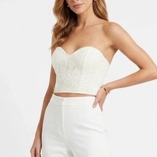 Off White Floral Lace Bustier Crop Top Sweetheart Strapless Small