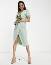 TFNC Maternity Bridesmaid chiffon wrap front midi dress, fresh sage, UK14