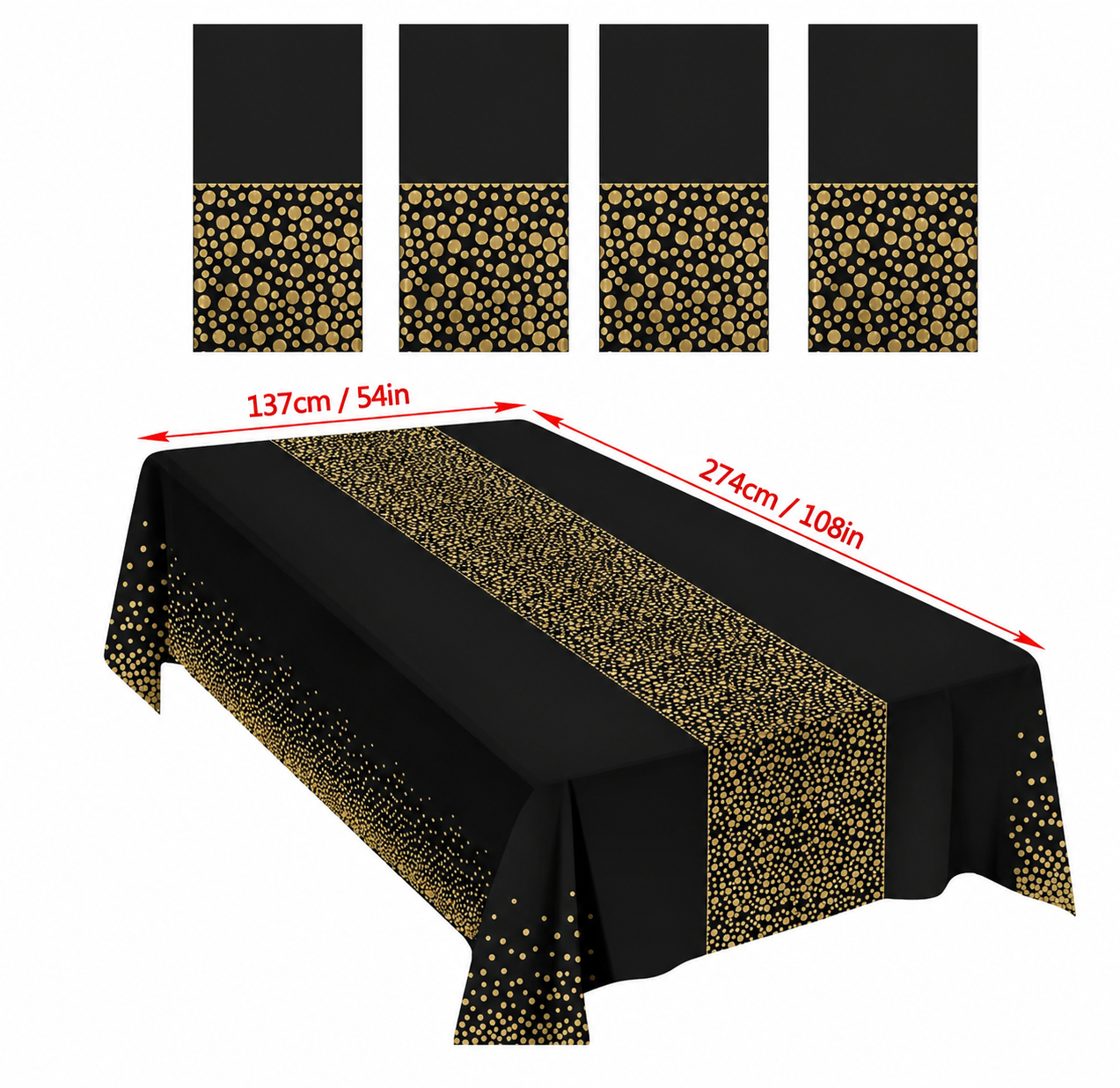 4 Pack Disposable Plastic Tablecloths, Table Runner Set Plastic Rectangle Black