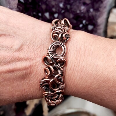 Antiqued Copper Cuff Wire Wrapped Bracelet Artisan Handmade Unique Jewelry