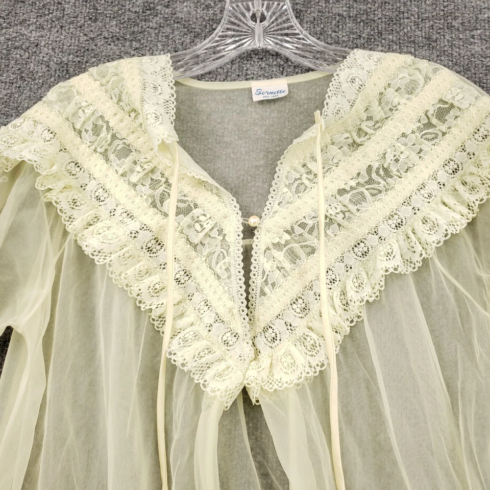 VINTAGE Bata Bernette Mujer L Grande Amarilla Maxi Acampanada Encaje Transparente Frente Abierto Foto 3 de 4