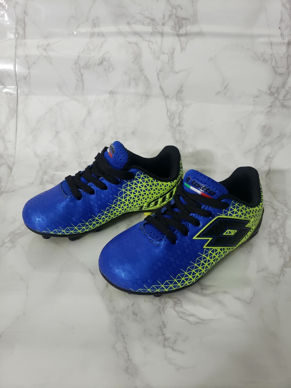 Tacchetti da calcio Lotto Forza Elite Jr taglia 10 scarpe da ginnastica blu verdi usati A9