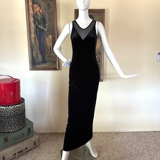 Vintage Vampy Goth 90s Black Velvet Cut Out Halter Dress Prom Gown Bodycon S/M