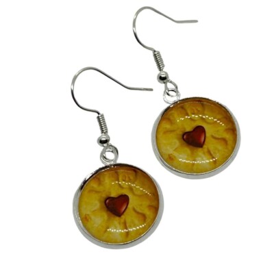 Handgefertigte JAMMY DODGER OHRRINGE Unikat KEKS Retro SÜSS Organza Geschenktüte MARMELADE