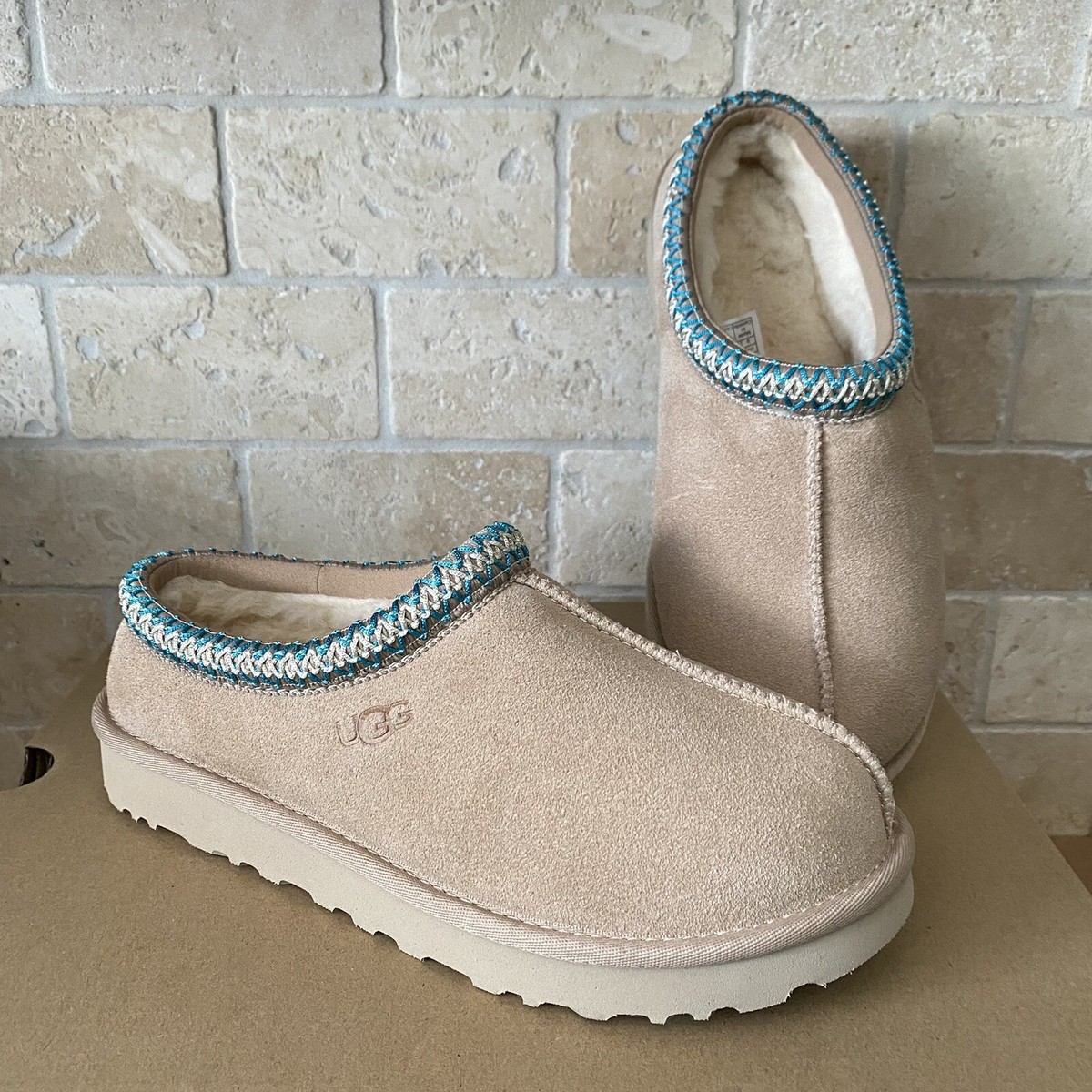 UGG TASMAN BRAID DRIFTWOOD SAND SUEDE SHEEPSKIN SLIPPERS 