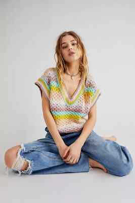 Free People Summer Daze gestreifte Grobstrick Boxy Weste Größe XS UVP 88£