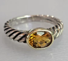 David Yurman Sterling Silver & 18k Yellow Gold Citrine Noblesse Cable Ring Sz 7