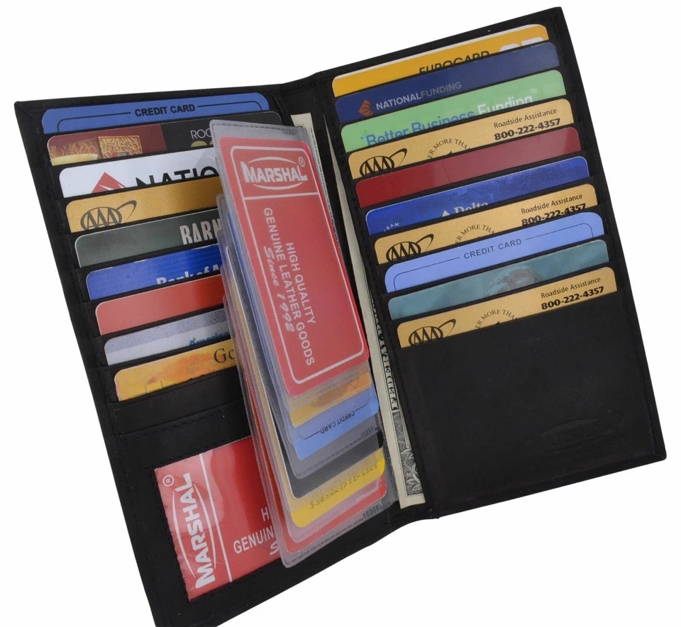 Portatarjetas de crédito largas de cuero genuino de 19 ranuras con billetera alta para ocultar dinero Foto 2 de 4