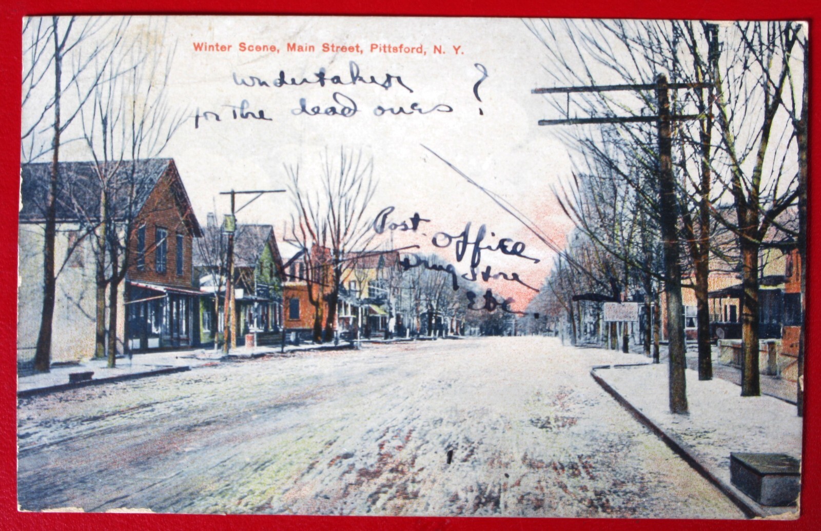 ANTIQUE POSTCARD NEW YORK NY PITTSFORD MAIN STREET WINTER SCENE POST
